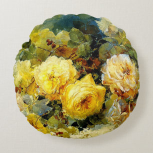 Bischoff - Roses (yellow), fine art painting, Round Cushion