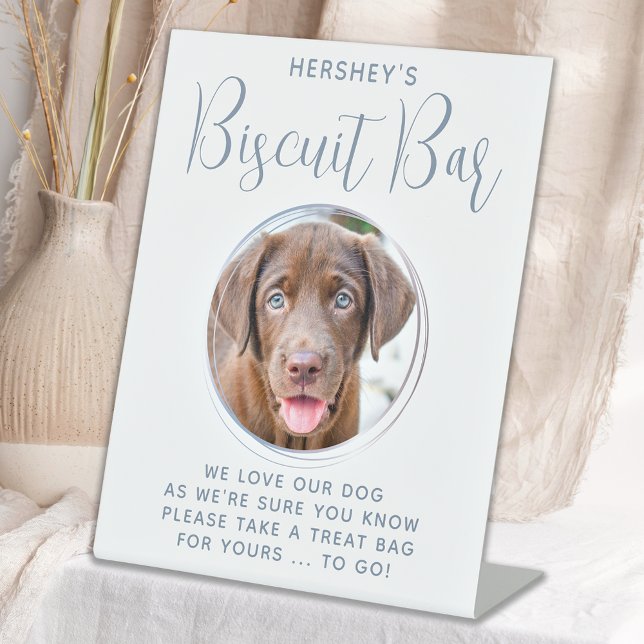 Biscuit Bar Pet Photo Dusty Blue Dog Wedding Favou Pedestal Sign (Creator Uploaded)