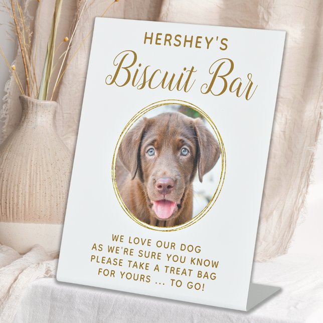 Biscuit Bar Pet Photo Gold Dog Wedding Favor Pedestal Sign (Creator Uploaded)