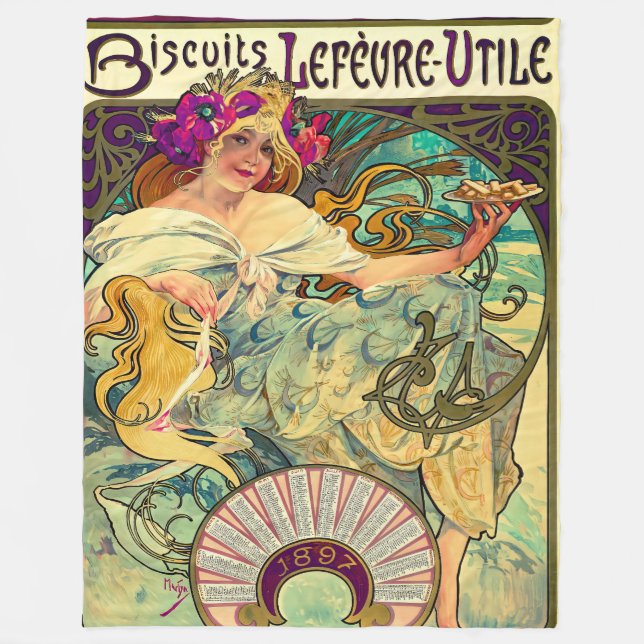 Biscuits Lefevre-Utile by Alphonse Mucha (1896) Fleece Blanket (Front)