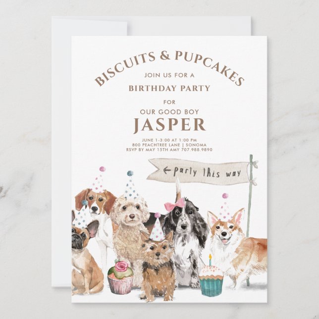 Biscuits & Pup Cakes Dog Birthday Party Invitation (Front)