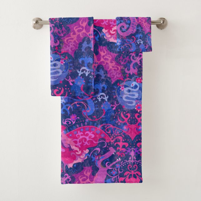 Bisexual Dragon Damask - Bi Pride Flag Colours Bath Towel Set (Insitu)