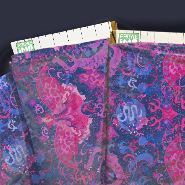Bisexual Pride Flag Colours Dragon Damask Fabric (close-up with ruler)