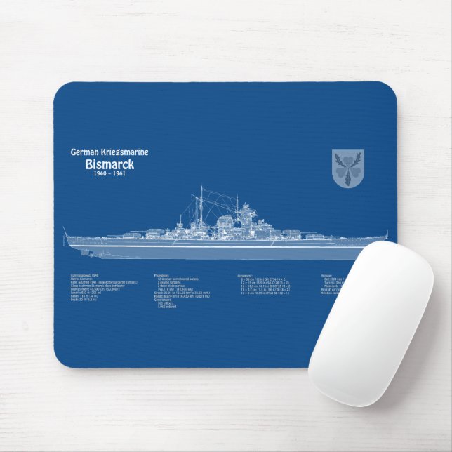 Bismarck - Battleship Blueprint Plans ABD Mouse Mat (With Mouse)