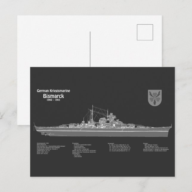 Bismarck - Battleship Blueprint Plans PD Postcard (Front/Back)