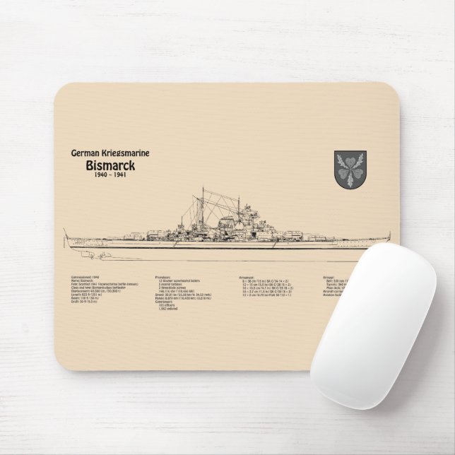 Bismarck - Battleship Blueprint Plans SD Mouse Mat (With Mouse)