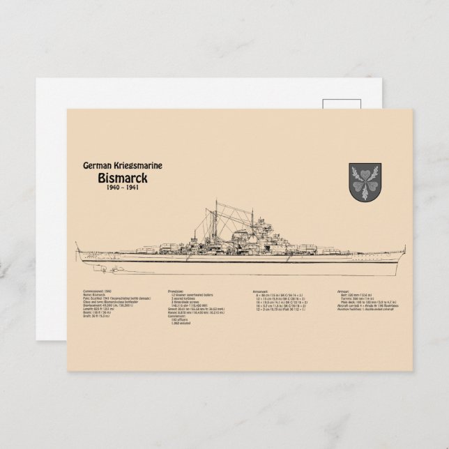 Bismarck - Battleship Blueprint Plans SD Postcard (Front/Back)