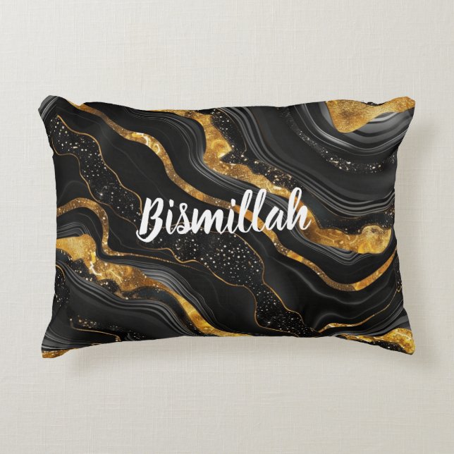 Bismillah Alhamdullilah Gold Black Agate Decorative Cushion (Front)