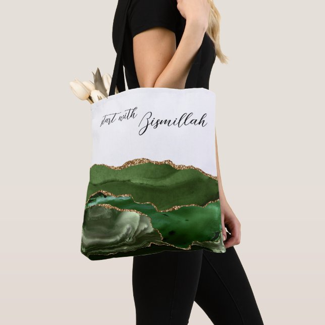 Bismillah Alhamdullilah Green Agate Tote Bag (Close Up)