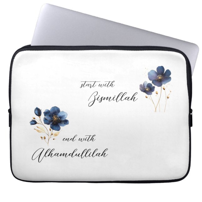 Bismillah Alhamdullilah Navy Gold Floral Laptop Sleeve (Front)