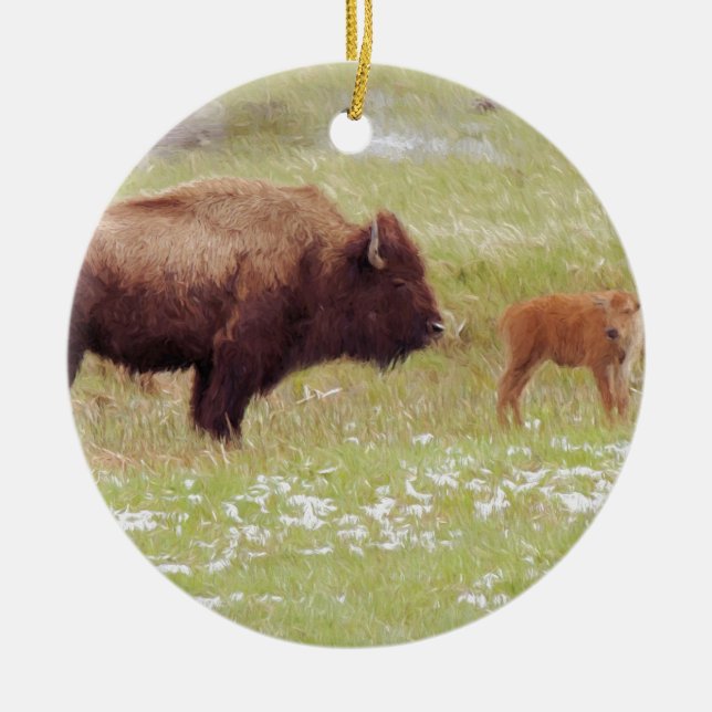 Bison and Calf in Yellowstone Ceramic Tree Decoration (Front)