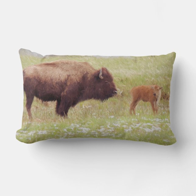 Bison and Calf in Yellowstone National Park Lumbar Cushion (Front)