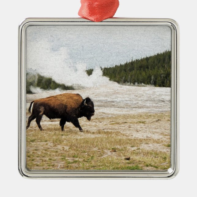 Bison and Old Faithful Metal Tree Decoration (Front)