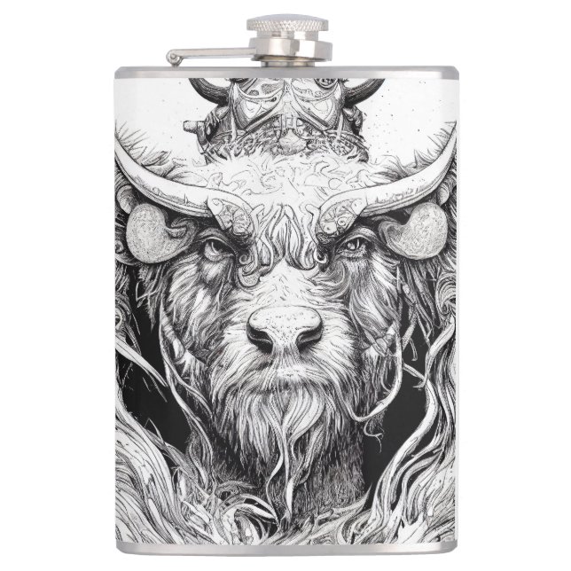 Bison Buffalo Animal Wild Nature Illustration Line Hip Flask (Front)