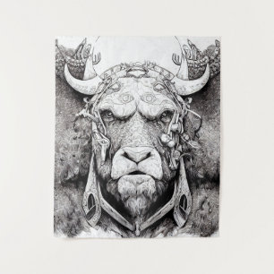 Bison Buffalo Animal Wild Nature Illustration Line Tapestry