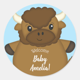 Bison Buffalo Baby Shower Blue Classic Round Sticker