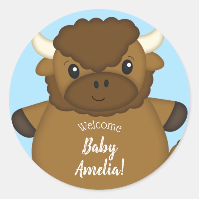 Bison Buffalo Baby Shower Blue Classic Round Sticker (Front)