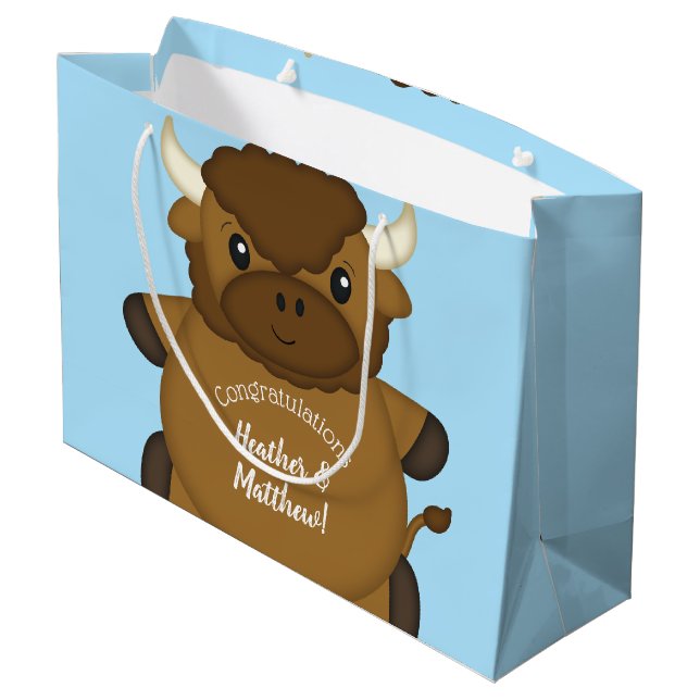 Bison Buffalo Baby Shower Blue Large Gift Bag (Back Angled)