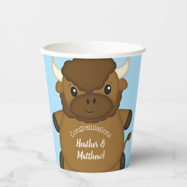 Bison Buffalo Baby Shower Blue Paper Cups (Front)