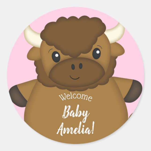 Bison Buffalo Baby Shower Pink Classic Round Sticker (Front)