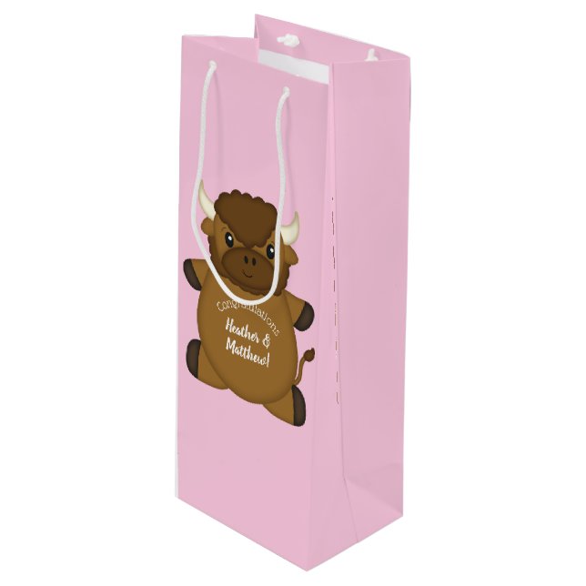 Bison Buffalo Baby Shower Pink Wine Gift Bag (Front Angled)
