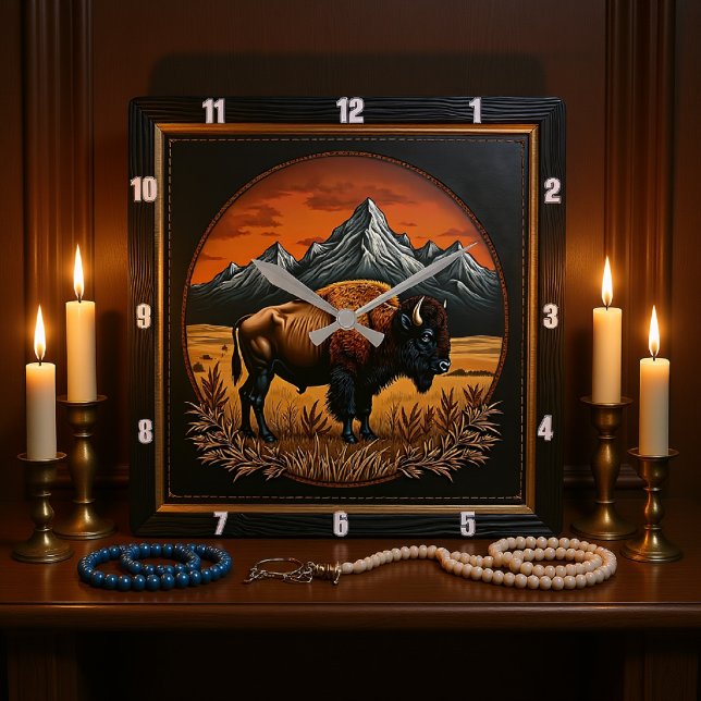 Bison Buffalo Bison Medallion Square Wall Clock (Creator Uploaded)