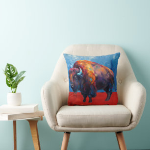 Bison Buffalo Colorful Abstract Modern Painting Cushion