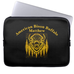 Bison Buffalo Head Illustration Amid Tall Trees Laptop Sleeve