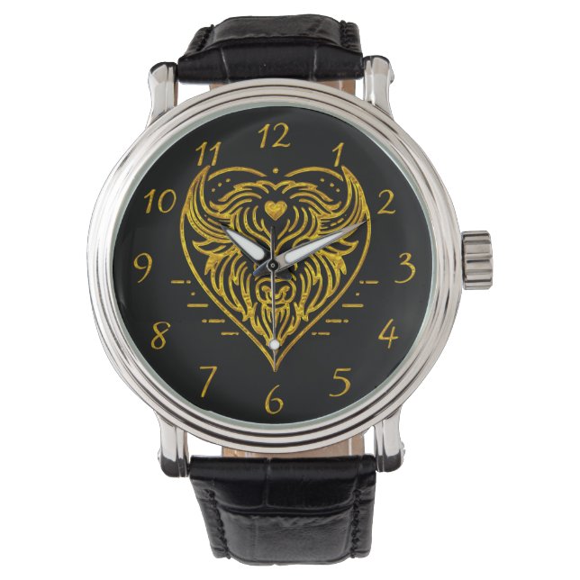 Bison Buffalo Illustration in Heart Shape Design Watch (Front)