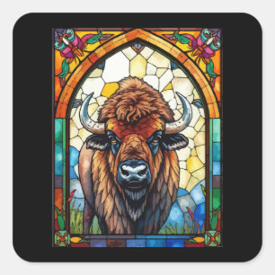 Bison Buffalo Stained Glass Wildlife Nature Animal Square Sticker