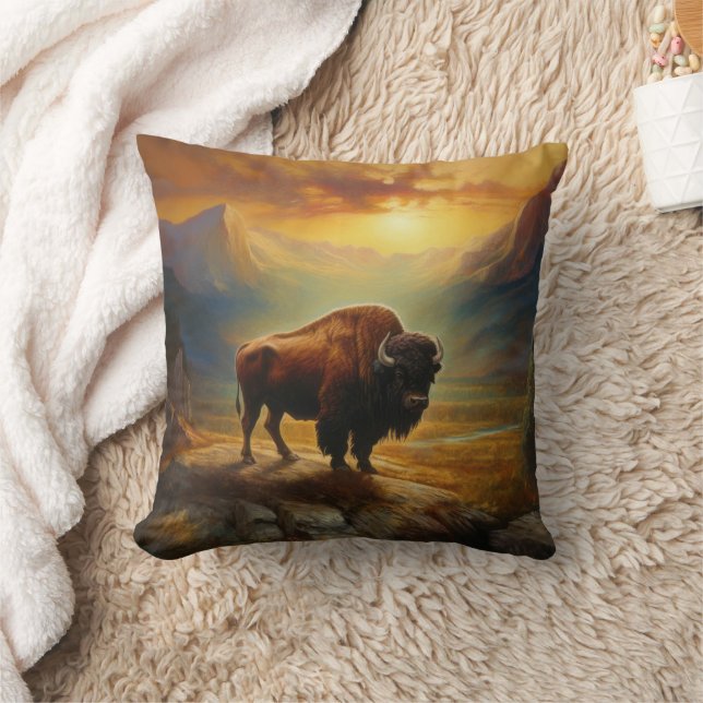 Bison Buffalo Sunset View Cushion (Blanket)