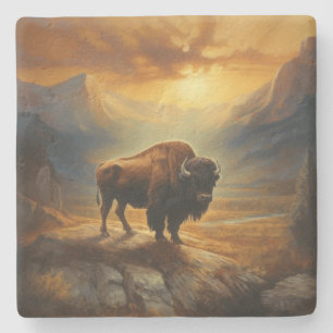 Bison Buffalo Sunset View Limestone Stone Coaster
