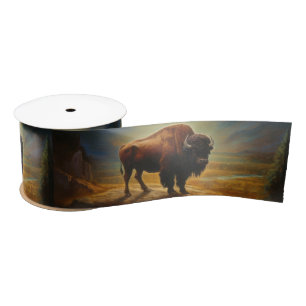 Bison Buffalo Sunset View Painting Satin Ribbon