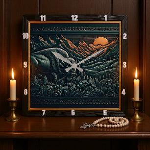 Bison Buffalo Tooled Bison Sunset Square Wall Clock