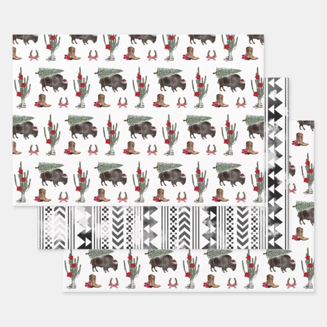 Bison Christmas Tree Ranch Western Geometric Wrapping Paper Sheet (Set)