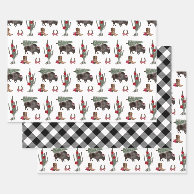 Bison Christmas Tree Ranch Western Plaid Wrapping Paper Sheet (Set)