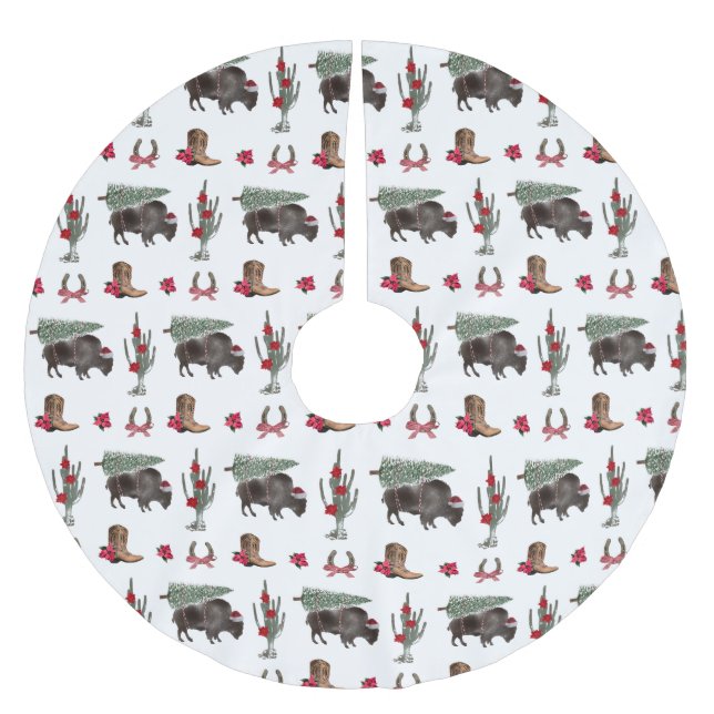 Bison Christmas Tree Ranch Wild West Christmas Brushed Polyester Tree Skirt (Front)