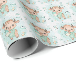 Bison Cute Baby Pastel Watercolor Pattern Wrapping Paper