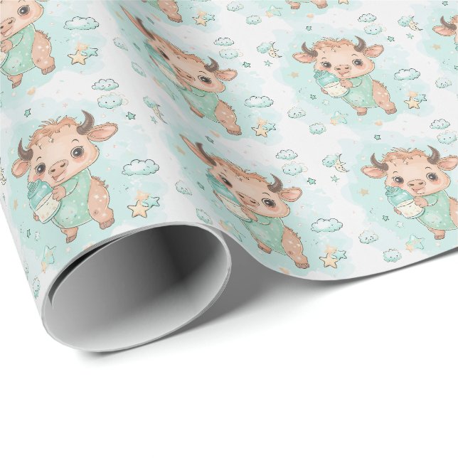 Bison Cute Baby Pastel Watercolor Pattern  Wrapping Paper (Roll Corner)