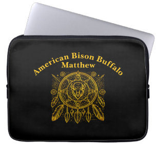 Bison Design With Feathers and Geometric Patterns Laptop Sleeve