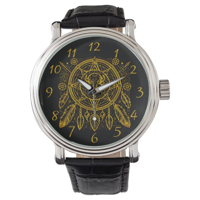 Bison Design With Feathers and Geometric Patterns Watch (Front)