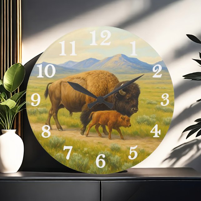 Bison duo in golden prairie large clock (Creator Uploaded)
