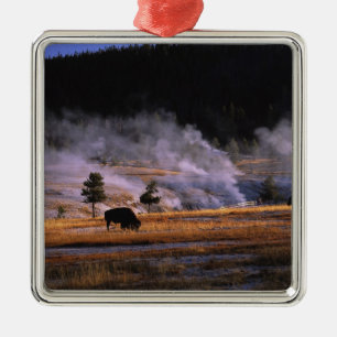 Bison grazing in the Upper Geyser Basin Metal Tree Decoration