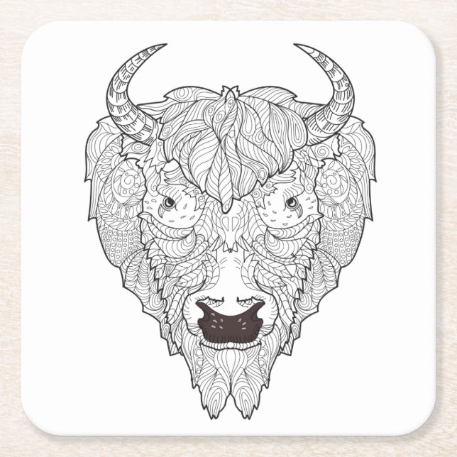 Bison Head Doodle Square Paper Coaster (Front)
