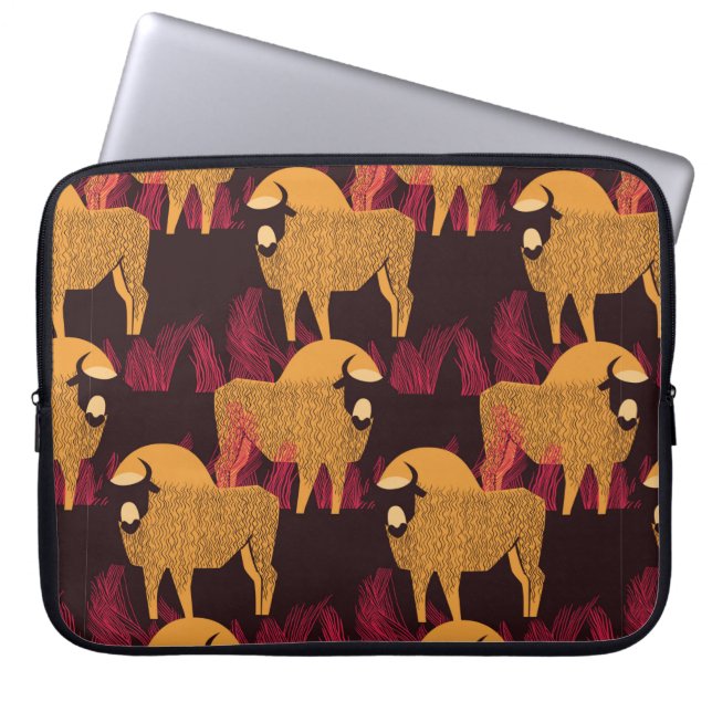 Bison in a field in high grass seamless pattern laptop sleeve (Front)