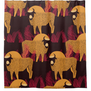 Bison in a field in high grass seamless pattern shower curtain