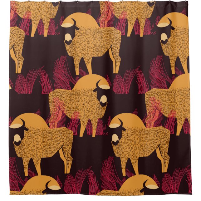 Bison in a field in high grass seamless pattern shower curtain (Front)