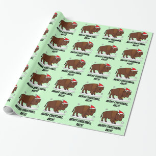 Bison in a Santa Hat at Holidays Name Customisable Wrapping Paper