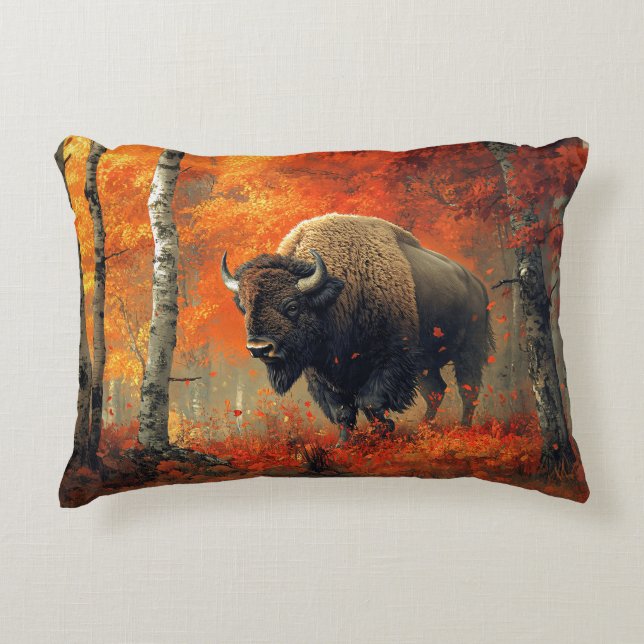 Bison in the Autumn Woods Artwork Decorative Cushion (Front)