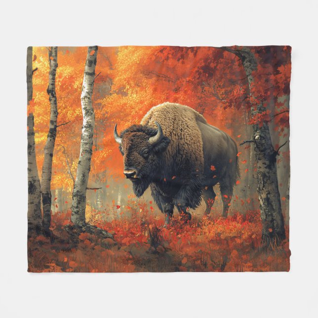 Bison in the Autumn Woods Artwork Fleece Blanket (Front (Horizontal))